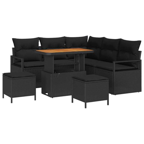 8-teiliges Garten Sofa Set mit Kissen Schwarz Poly Rattan Akazie, 2-Sitzer Garten Sofa mit Kissen Schwarz Poly Rattan, 3-teiliges Garten Essset mit Kissen Schwarz Poly Rattan Akazie