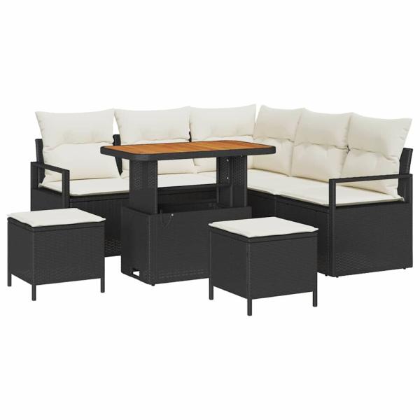 8-teiliges Garten Sofa Set mit Kissen Schwarz Poly Rattan Akazie, 2-Sitzer Garten Sofa mit Kissen Schwarz Poly Rattan, 3-teiliges Garten Esstisch Set mit Kissen Schwarz Poly Rattan Akazie