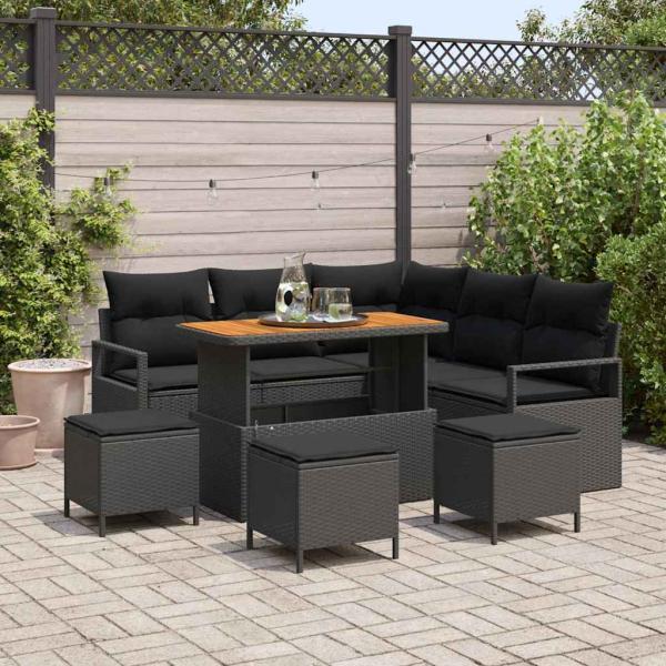 ARDEBO.de - 9-teiliges Garten-Sofa-Set mit Kissen Schwarz Poly Rattan Akazie, 2-Sitzer Garten-Sofa mit Kissen Schwarz Poly Rattan, 4-teiliges Garten-Dining-Set mit Kissen Schwarz Poly Rattan Akazie