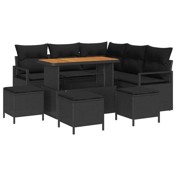 9-teiliges Garten-Sofa-Set mit Kissen Schwarz Poly Rattan Akazie, 2-Sitzer Garten-Sofa mit Kissen Schwarz Poly Rattan, 4-teiliges Garten-Dining-Set mit Kissen Schwarz Poly Rattan Akazie