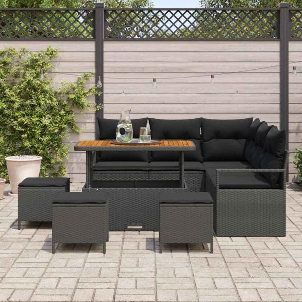 9-teiliges Garten-Sofa-Set mit Kissen Schwarz Poly Rattan Akazie, 2-Sitzer Garten-Sofa mit Kissen Schwarz Poly Rattan, 4-teiliges Garten-Dining-Set mit Kissen Schwarz Poly Rattan Akazie