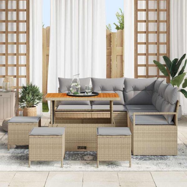 9-teiliges Garten Sofa Set mit Kissen Beigefarbener Poly Rattan Akazie, 2-Sitzer Garten Sofa mit Kissen Beigefarbener Poly Rattan, 4-teiliges Garten Essset mit Kissen Beigefarbener Poly Rattan Akazie