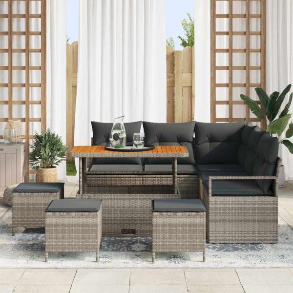 9-teiliges Garten Sofa Set mit Kissen Grau Poly Rattan Akazie, 2-Sitzer Garten Sofa mit Kissen Grau Poly Rattan, 4-teiliges Garten Esszimmer Set mit Kissen Grau Poly Rattan Akazie