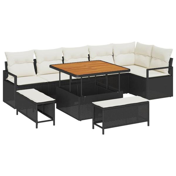 9 Teile Garten Sofa Set mit Kissen Schwarz Poly Rattan Akazie, 2-Sitzer Garten Sofa mit Kissen Schwarz Poly Rattan, 3 Teile Garten Essset mit Kissen Schwarz Poly Rattan Akazie