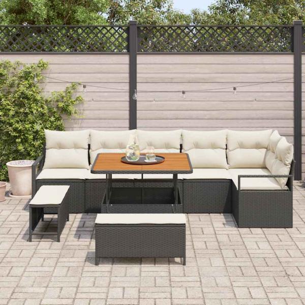 9 Teile Garten Sofa Set mit Kissen Schwarz Poly Rattan Akazie, 2-Sitzer Garten Sofa mit Kissen Schwarz Poly Rattan, 3 Teile Garten Essset mit Kissen Schwarz Poly Rattan Akazie