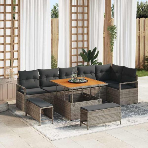 ARDEBO.de - 9-teiliges Gartensofa-Set mit Kissen Grau Poly-Rattan Akazie, 2-Sitzer Gartensofa mit Kissen Grau Poly-Rattan, 3-teiliges Gartendining-Set mit Kissen Grau Poly-Rattan Akazie