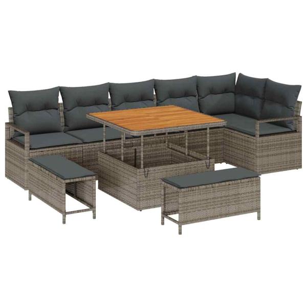 9-teiliges Gartensofa-Set mit Kissen Grau Poly-Rattan Akazie, 2-Sitzer Gartensofa mit Kissen Grau Poly-Rattan, 3-teiliges Gartendining-Set mit Kissen Grau Poly-Rattan Akazie