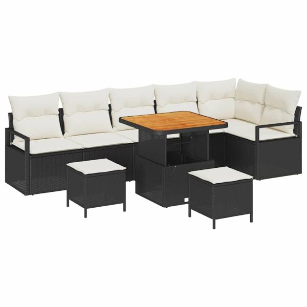 9-teiliges Garten Sofa Set mit Kissen Schwarz Poly Rattan Akazie, 2-Sitzer Garten Sofa mit Kissen Schwarz Poly Rattan, 3-teiliges Garten Esstisch Set mit Kissen Schwarz Poly Rattan Akazie
