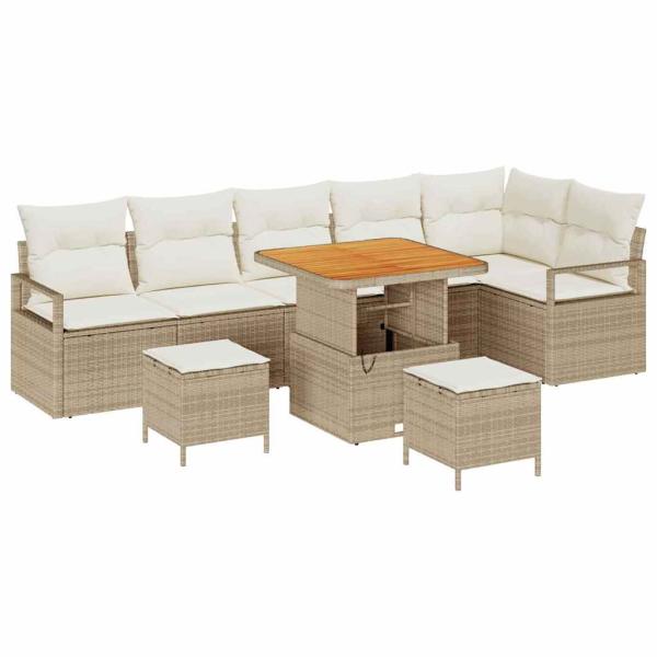 9-teiliges Garten-Sofa-Set mit Kissen in Beige aus Poly-Rattan Akazie, 2-Sitzer Garten-Sofa mit Kissen in Beige aus Poly-Rattan, 3-teiliges Garten-Ess-Set mit Kissen in Beige aus Poly-Rattan Akazie