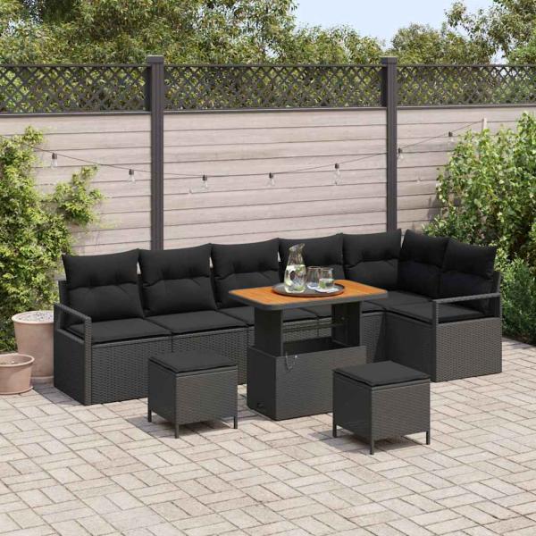 ARDEBO.de - 9-teiliges Garten Sofa Set mit Kissen Schwarz Poly Rattan Akazie, 2-Sitzer Garten Sofa mit Kissen Schwarz Poly Rattan, 3-teiliges Garten Ess-Set mit Kissen Schwarz Poly Rattan Akazie