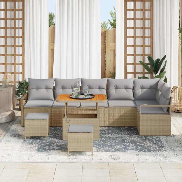 ARDEBO.de - 9-teiliges Gartensofa Set mit Kissen Beiges Poly Rattan Akazie, 2-Sitzer Gartensofa mit Kissen Beiges Poly Rattan, 3-teiliges Garten Esstisch Set mit Kissen Beiges Poly Rattan Akazie