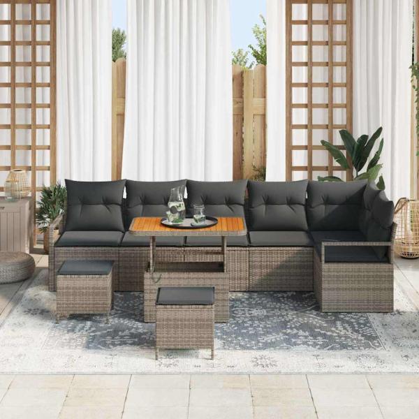 9-teiliges Garten Sofa Set mit Kissen Grau Poly Rattan Akazie, 2-Sitzer Garten Sofa mit Kissen Grau Poly Rattan, 3-teiliges Garten Esszimmer Set mit Kissen Grau Poly Rattan Akazie