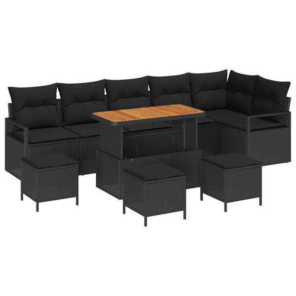 10-teilige Garten Sofa Set mit Kissen Schwarz Poly Rattan Akazie, 2-Sitzer Garten Sofa mit Kissen Schwarz Poly Rattan, 4-teiliges Garten Essset mit Kissen Schwarz Poly Rattan Akazie