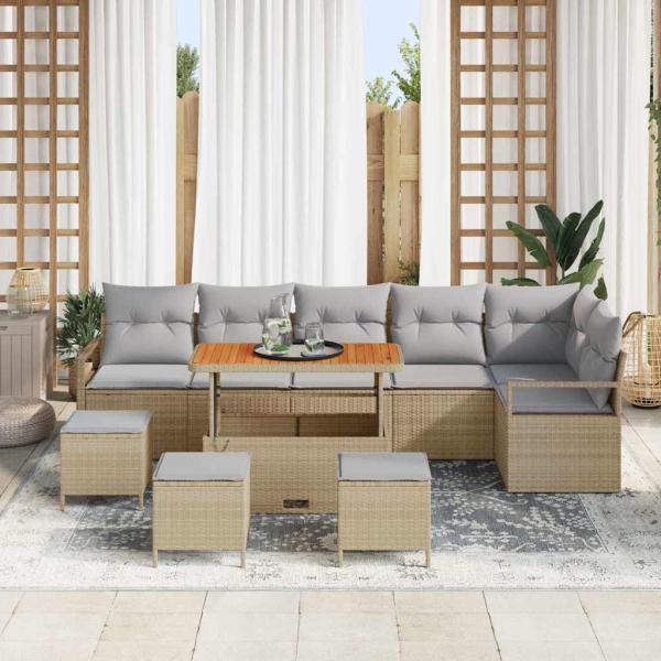 10-teiliges Garten Sofa Set mit Kissen Beige Poly Rattan Akazie, 2-Sitzer Garten Sofa mit Kissen Beige Poly Rattan, 4-teiliges Garten Essset mit Kissen Beige Poly Rattan Akazie