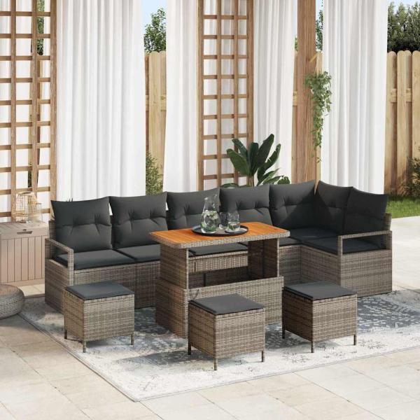 ARDEBO.de - 10-teiliges Garten-Sofa-Set mit Kissen grau Poly-Rattan Akazie, 2-Sitzer Garten-Sofa mit Kissen grau Poly-Rattan, 4-teiliges Garten-Dining-Set mit Kissen grau Poly-Rattan Akazie