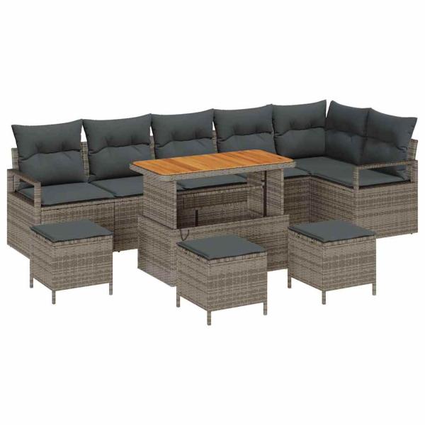 10-teiliges Garten-Sofa-Set mit Kissen grau Poly-Rattan Akazie, 2-Sitzer Garten-Sofa mit Kissen grau Poly-Rattan, 4-teiliges Garten-Dining-Set mit Kissen grau Poly-Rattan Akazie
