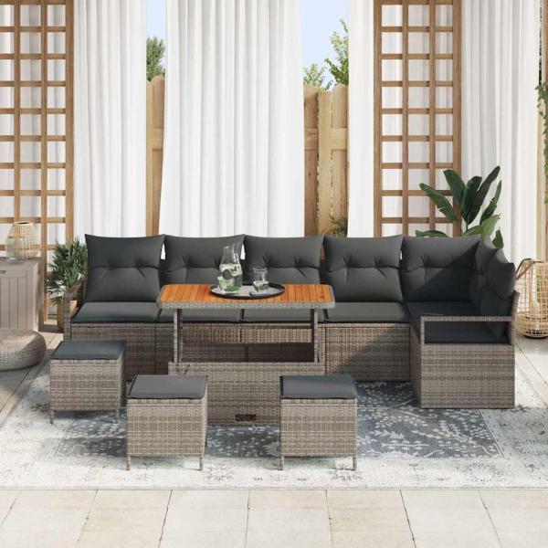 10-teiliges Garten-Sofa-Set mit Kissen grau Poly-Rattan Akazie, 2-Sitzer Garten-Sofa mit Kissen grau Poly-Rattan, 4-teiliges Garten-Dining-Set mit Kissen grau Poly-Rattan Akazie