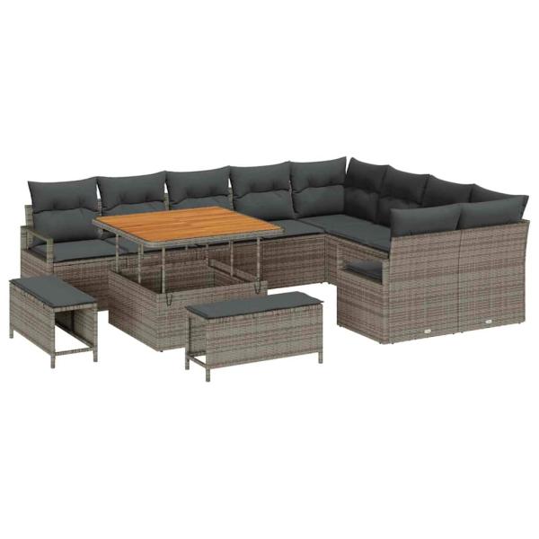 12-teiliges Garten-Sofa-Set mit Kissen Grau Poly-Rattan Akazie, 3-teiliges Garten-Ess-Set mit Kissen Grau Poly-Rattan Akazie, 2-Sitzer Garten-Sofa mit Kissen Grau Poly-Rattan