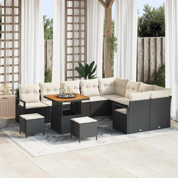 ARDEBO.de - 12-teiliges Garten-Sofa-Set mit Kissen Schwarz Poly-Rattan Akazie, 3-teiliges Garten-Ess-Set mit Kissen Schwarz Poly-Rattan Akazie, 2-Sitzer Garten-Sofa mit Kissen Schwarz Poly-Rattan