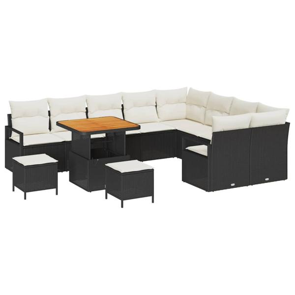 12-teiliges Garten-Sofa-Set mit Kissen Schwarz Poly-Rattan Akazie, 3-teiliges Garten-Ess-Set mit Kissen Schwarz Poly-Rattan Akazie, 2-Sitzer Garten-Sofa mit Kissen Schwarz Poly-Rattan