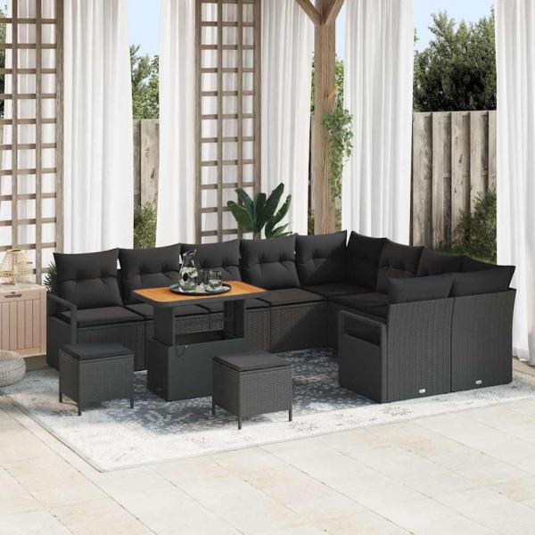 ARDEBO.de - 12-teiliges Garten Sofa Set mit Kissen Schwarz Poly Rattan Akazie, 3-teiliges Garten Esszimmer Set mit Kissen Schwarz Poly Rattan Akazie, 2-Sitzer Garten Sofa mit Kissen Schwarz Poly Rattan