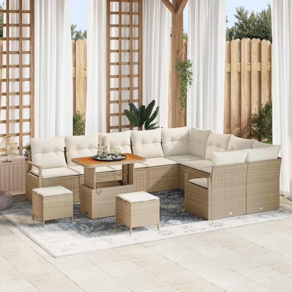 ARDEBO.de - 12-teiliges Garten-Sofa-Set mit Kissen Beige Poly Rattan Akazie, 3-teiliges Garten-Ess-Set mit Kissen Beige Poly Rattan Akazie, 2-Sitzer Garten Sofa mit Kissen Beige Poly Rattan