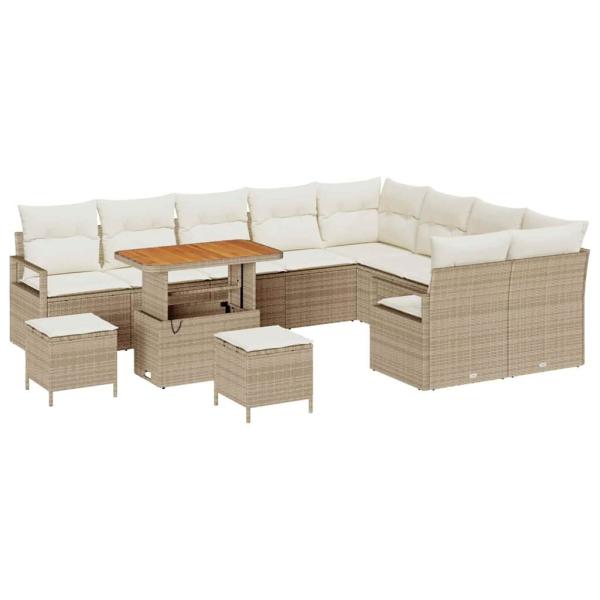12-teiliges Garten-Sofa-Set mit Kissen Beige Poly Rattan Akazie, 3-teiliges Garten-Ess-Set mit Kissen Beige Poly Rattan Akazie, 2-Sitzer Garten Sofa mit Kissen Beige Poly Rattan