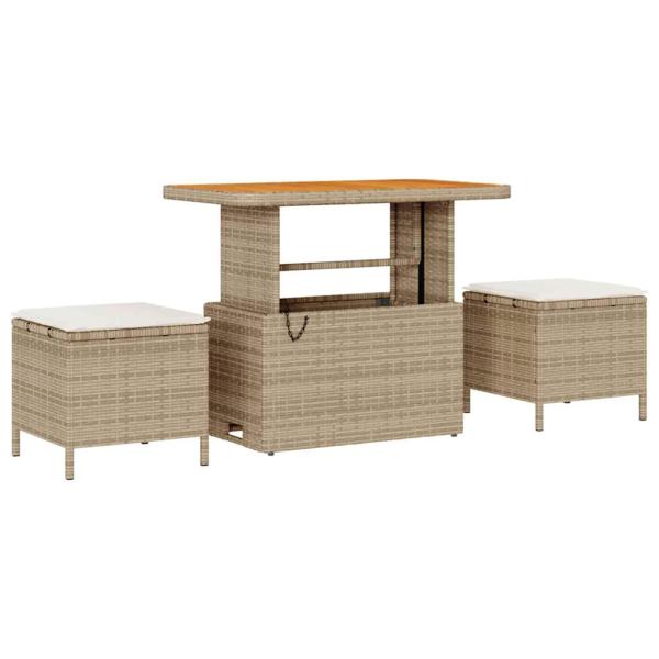 12-teiliges Garten-Sofa-Set mit Kissen Beige Poly Rattan Akazie, 3-teiliges Garten-Ess-Set mit Kissen Beige Poly Rattan Akazie, 2-Sitzer Garten Sofa mit Kissen Beige Poly Rattan