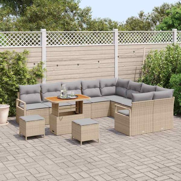 12-teiliges Garten Sofa Set mit Kissen Beige Poly-Rattan Akazie, 3-teiliges Garten Esszimmer Set mit Kissen Beige Poly-Rattan Akazie, 2-Sitzer Garten Sofa mit Kissen Beige Poly-Rattan