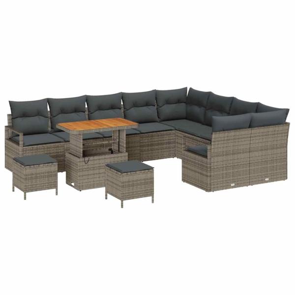 12-teiliges Garten Sofa Set mit Kissen in grau aus Poly-Rattan und Akazie, 3-teiliges Garten Esstisch Set mit Kissen in grau aus Poly-Rattan und Akazie, 2-Sitzer Garten Sofa mit Kissen in grau aus Poly-Rattan