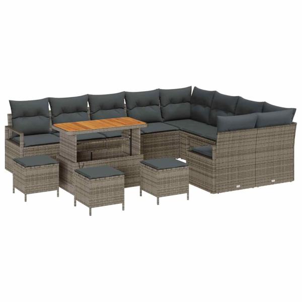 13-teiliges Garten-Sofa-Set mit Kissen Grau Poly Rattan Akazie, 4-teiliges Garten-Dining-Set mit Kissen Grau Poly Rattan Akazie, 2-Sitzer Garten-Sofa mit Kissen Grau Poly Rattan