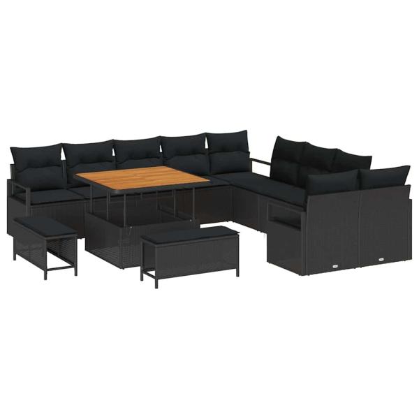 13-teiliges Garten Sofa Set mit Kissen Schwarz Poly-Rattan Akazie, 2-Sitzer Garten Sofa mit Kissen Schwarz Poly-Rattan, 3-teiliges Garten Essset mit Kissen Schwarz Poly-Rattan Akazie