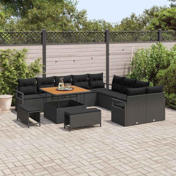 13-teiliges Garten Sofa Set mit Kissen Schwarz Poly-Rattan Akazie, 2-Sitzer Garten Sofa mit Kissen Schwarz Poly-Rattan, 3-teiliges Garten Essset mit Kissen Schwarz Poly-Rattan Akazie