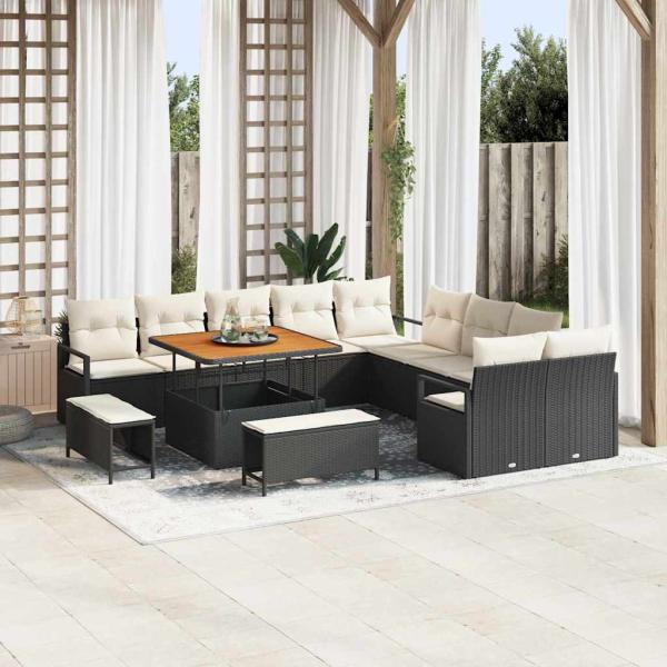 ARDEBO.de - 13-teiliges Garten-Sofaset mit Kissen Schwarz Poly-Rattan Akazie, 2-Sitzer-Garten-Sofa mit Kissen Schwarz Poly-Rattan, 3-teiliges Garten-Ess-Set mit Kissen Schwarz Poly-Rattan Akazie