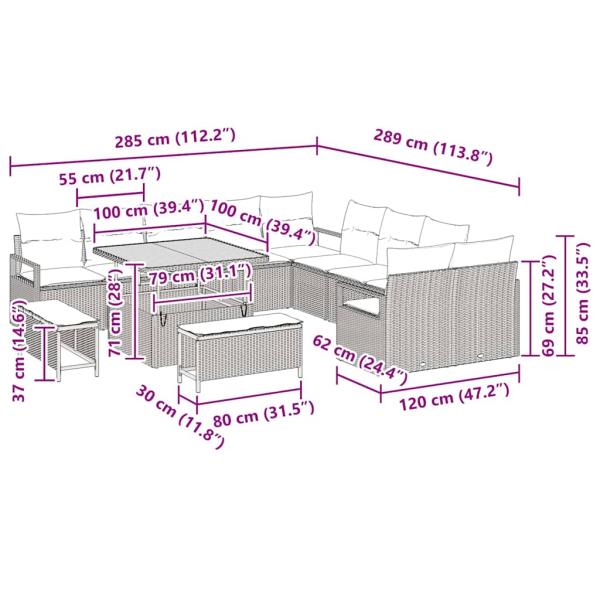 13-teiliges Garten-Sofa-Set mit Kissen Grau Poly-Rattan Akazie, 2-Sitzer Garten-Sofa mit Kissen Grau Poly-Rattan, 3-teiliges Garten-Ess-Set mit Kissen Grau Poly-Rattan Akazie
