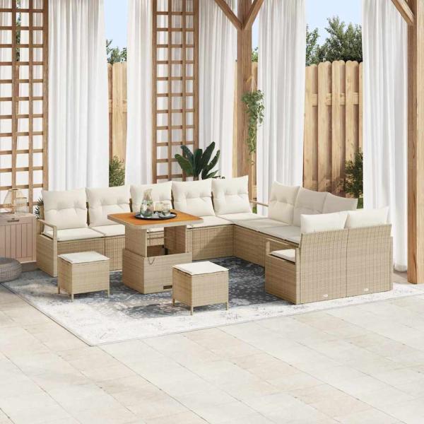ARDEBO.de - 13-teiliges Garten Sofa Set mit Kissen Beige Poly Rattan Akazie, 2-Sitzer Garten Sofa mit Kissen Beige Poly Rattan, 3-teiliges Garten Essset mit Kissen Beige Poly Rattan Akazie