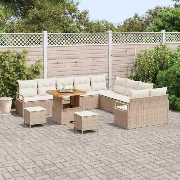 13-teiliges Garten Sofa Set mit Kissen Beige Poly Rattan Akazie, 2-Sitzer Garten Sofa mit Kissen Beige Poly Rattan, 3-teiliges Garten Essset mit Kissen Beige Poly Rattan Akazie