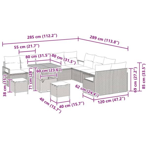 13-teiliges Garten Sofa Set mit Kissen Grau Poly Rattan Akazie, 2-Sitzer Garten Sofa mit Kissen Grau Poly Rattan, 3-teiliges Garten Essset mit Kissen Grau Poly Rattan Akazie