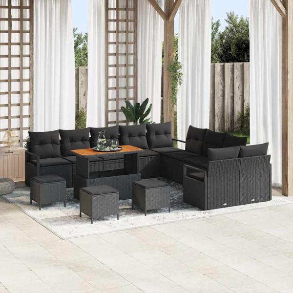 ARDEBO.de - 14-teiliges Garten Sofa Set mit Kissen Schwarz Poly Rattan Akazie, 2-Sitzer Garten Sofa mit Kissen Schwarz Poly Rattan, 4-teiliges Garten Essensset mit Kissen Schwarz Poly Rattan Akazie
