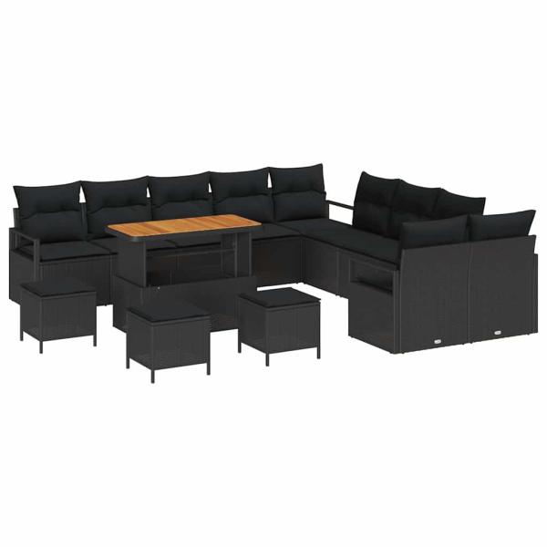 14-teiliges Garten Sofa Set mit Kissen Schwarz Poly Rattan Akazie, 2-Sitzer Garten Sofa mit Kissen Schwarz Poly Rattan, 4-teiliges Garten Essensset mit Kissen Schwarz Poly Rattan Akazie