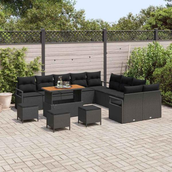 14-teiliges Garten Sofa Set mit Kissen Schwarz Poly Rattan Akazie, 2-Sitzer Garten Sofa mit Kissen Schwarz Poly Rattan, 4-teiliges Garten Essensset mit Kissen Schwarz Poly Rattan Akazie