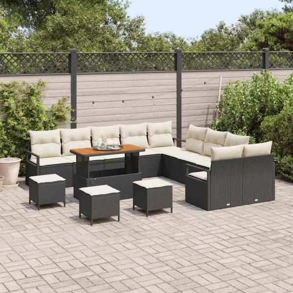 14-Teiliges Garten Sofa Set mit Kissen Schwarz Poly Rattan Akazie, 2-Sitzer Garten Sofa mit Kissen Schwarz Poly Rattan, 4-teiliges Garten Essset mit Kissen Schwarz Poly Rattan Akazie