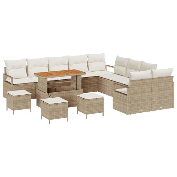 ARDEBO.de - 14-teiliges Garten Sofa Set mit Kissen Beige Poly Rattan Akazie, 2-Sitzer Garten Sofa mit Kissen Beige Poly Rattan, 4-teiliges Garten Esstisch Set mit Kissen Beige Poly Rattan Akazie