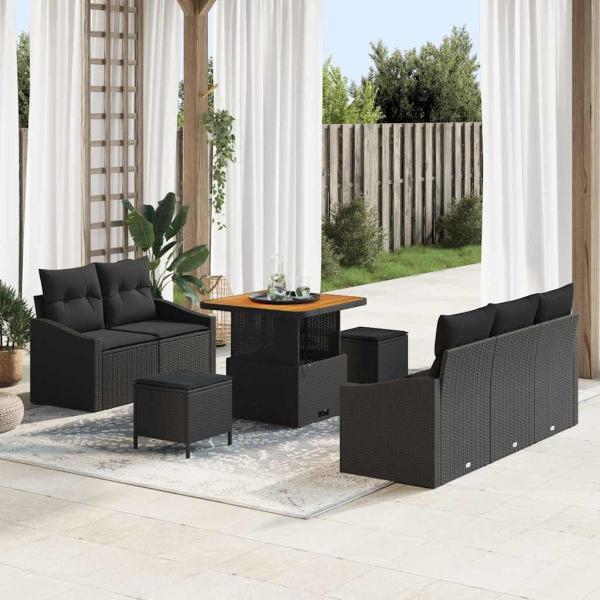 ARDEBO.de - 8-teiliges Garten Sofaset mit Kissen Schwarz Poly Rattan Akazie, 2-Sitzer Garten Sofa mit Kissen Schwarz Poly Rattan, 3-teiliges Garten Essenset mit Kissen Schwarz Poly Rattan Akazie