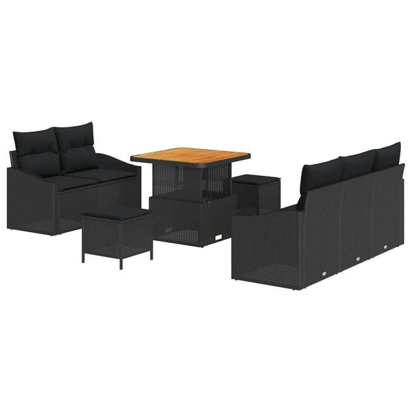 8-teiliges Garten Sofaset mit Kissen Schwarz Poly Rattan Akazie, 2-Sitzer Garten Sofa mit Kissen Schwarz Poly Rattan, 3-teiliges Garten Essenset mit Kissen Schwarz Poly Rattan Akazie