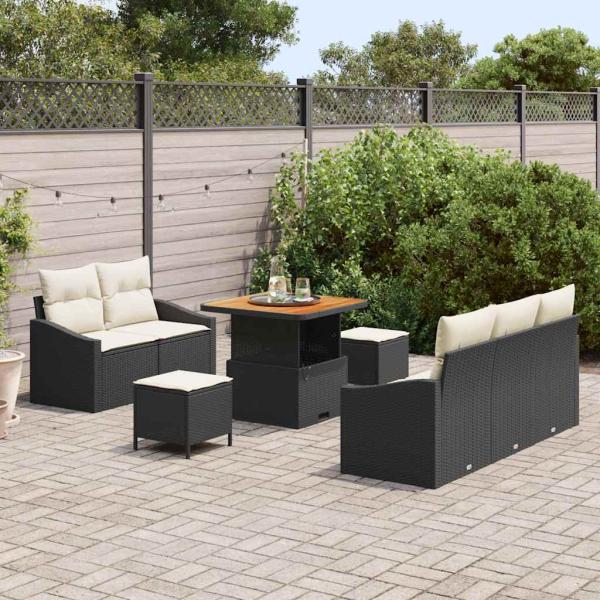8-teiliges Garten Sofa Set mit Kissen Schwarz Poly Rattan Akazie, 2-Sitzer Garten Sofa mit Kissen Schwarz Poly Rattan, 3-teiliges Garten Esstisch Set mit Kissen Schwarz Poly Rattan Akazie