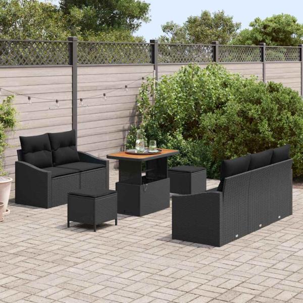 8-teiliges Garten-Sofa-Set mit Kissen Schwarz Poly Rattan Akazie, 2-Sitzer Garten-Sofa mit Kissen Schwarz Poly Rattan, 3-teiliges Garten-Esszimmer-Set mit Kissen Schwarz Poly Rattan Akazie