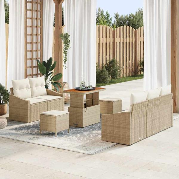 ARDEBO.de - 8-teiliges Garten-Sofa-Set mit Kissen Beige Poly-Rattan Akazie, 2-Sitzer Garten-Sofa mit Kissen Beige Poly-Rattan, 3-teiliges Garten-Essset mit Kissen Beige Poly-Rattan Akazie
