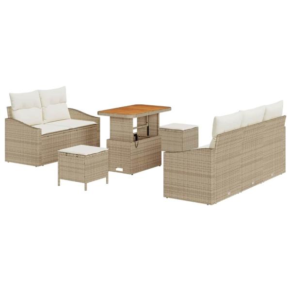8-teiliges Garten-Sofa-Set mit Kissen Beige Poly-Rattan Akazie, 2-Sitzer Garten-Sofa mit Kissen Beige Poly-Rattan, 3-teiliges Garten-Essset mit Kissen Beige Poly-Rattan Akazie