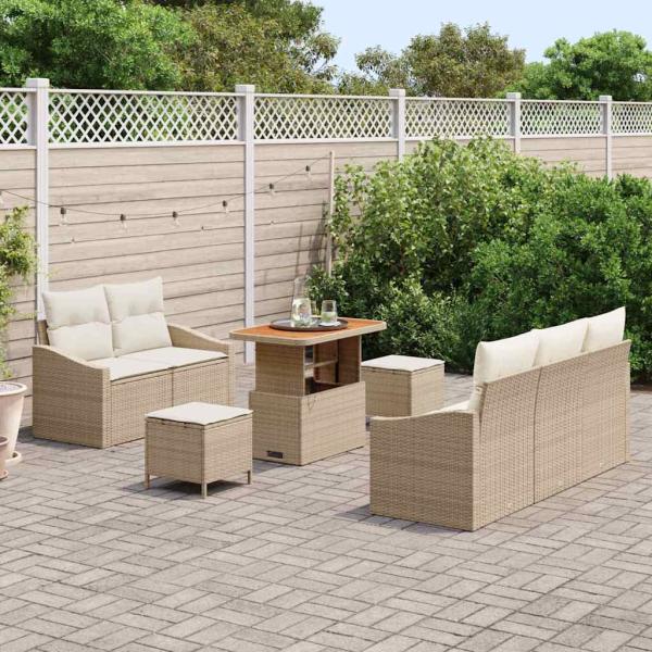 8-teiliges Garten-Sofa-Set mit Kissen Beige Poly-Rattan Akazie, 2-Sitzer Garten-Sofa mit Kissen Beige Poly-Rattan, 3-teiliges Garten-Essset mit Kissen Beige Poly-Rattan Akazie